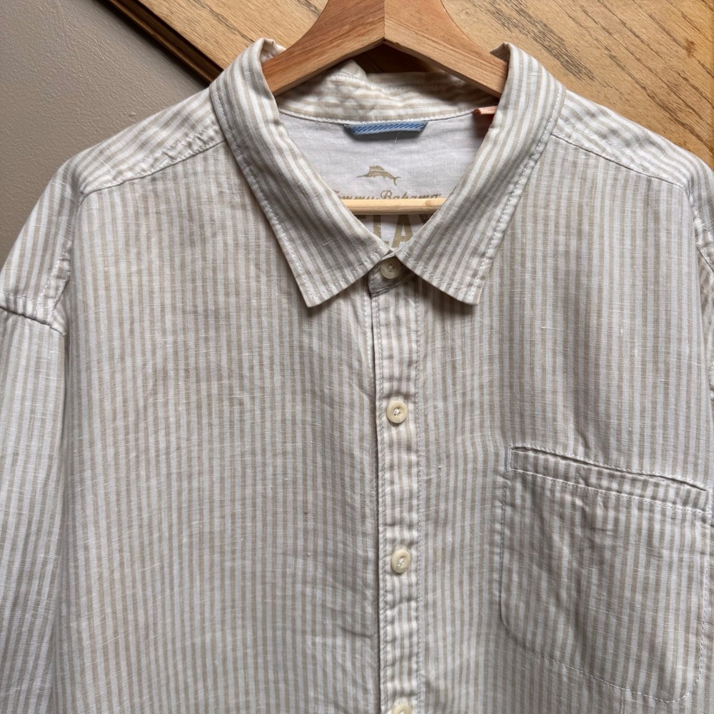 Tommy Bahama Relax Mens 3XL Linen Button Down Shirt Beige White Striped Long Slv